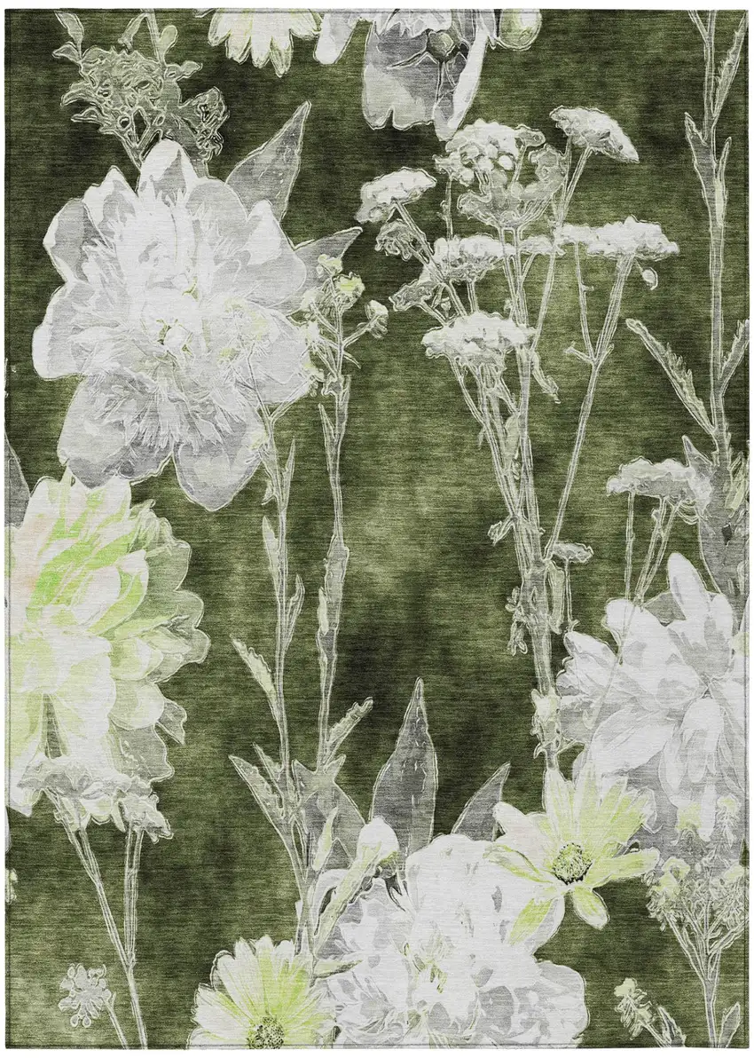 Olive Green And Green Floral Washable Indoor Outdoor Area Rug Photo 2