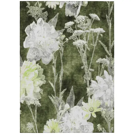Olive Green And Green Floral Washable Indoor Outdoor Area Rug Photo 2