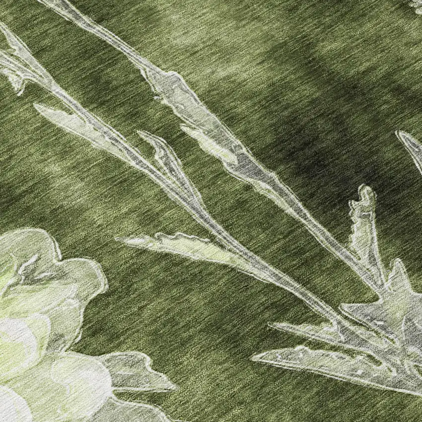 Olive Green And Green Floral Washable Indoor Outdoor Area Rug Photo 3