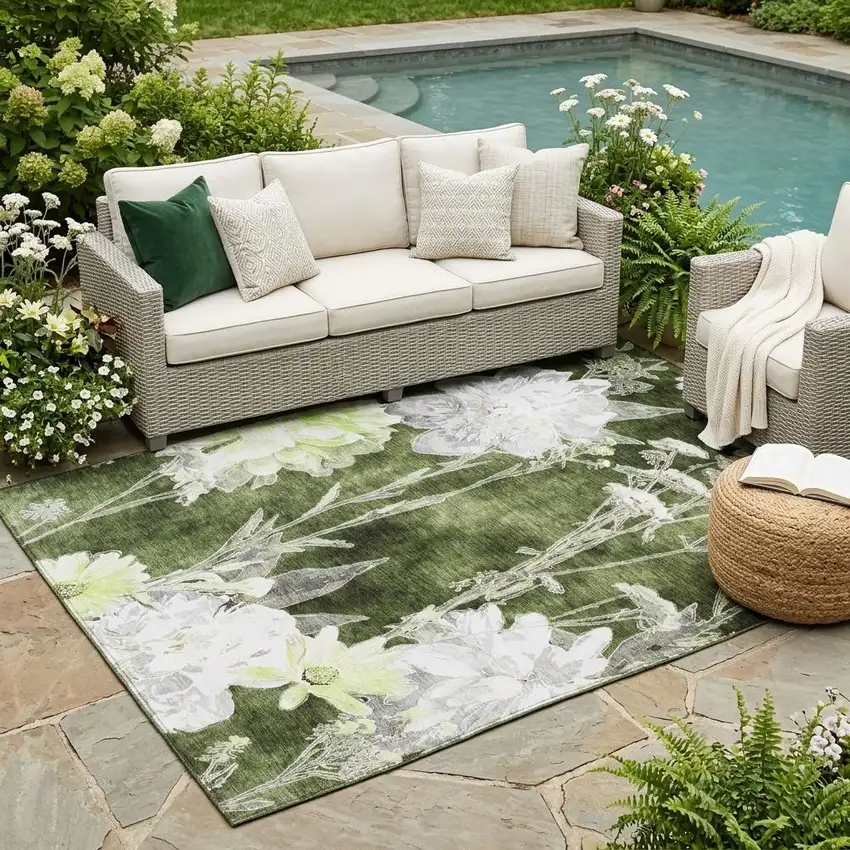 Olive Green And Green Floral Washable Indoor Outdoor Area Rug Photo 1