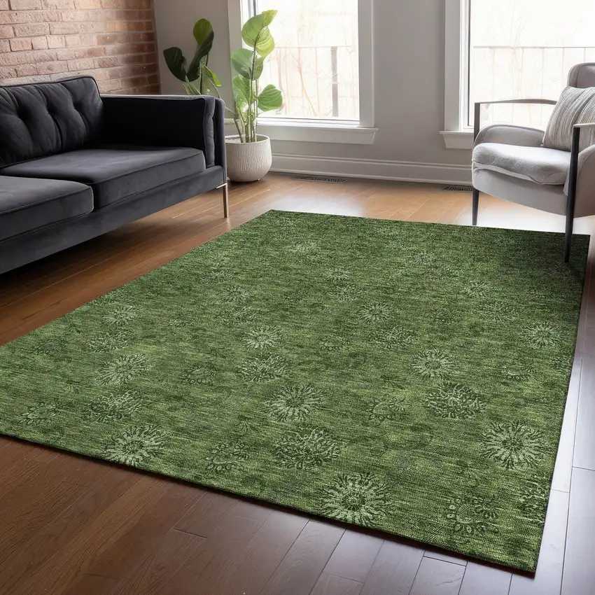 Olive Green And Green Floral Washable Indoor Outdoor Area Rug Photo 7