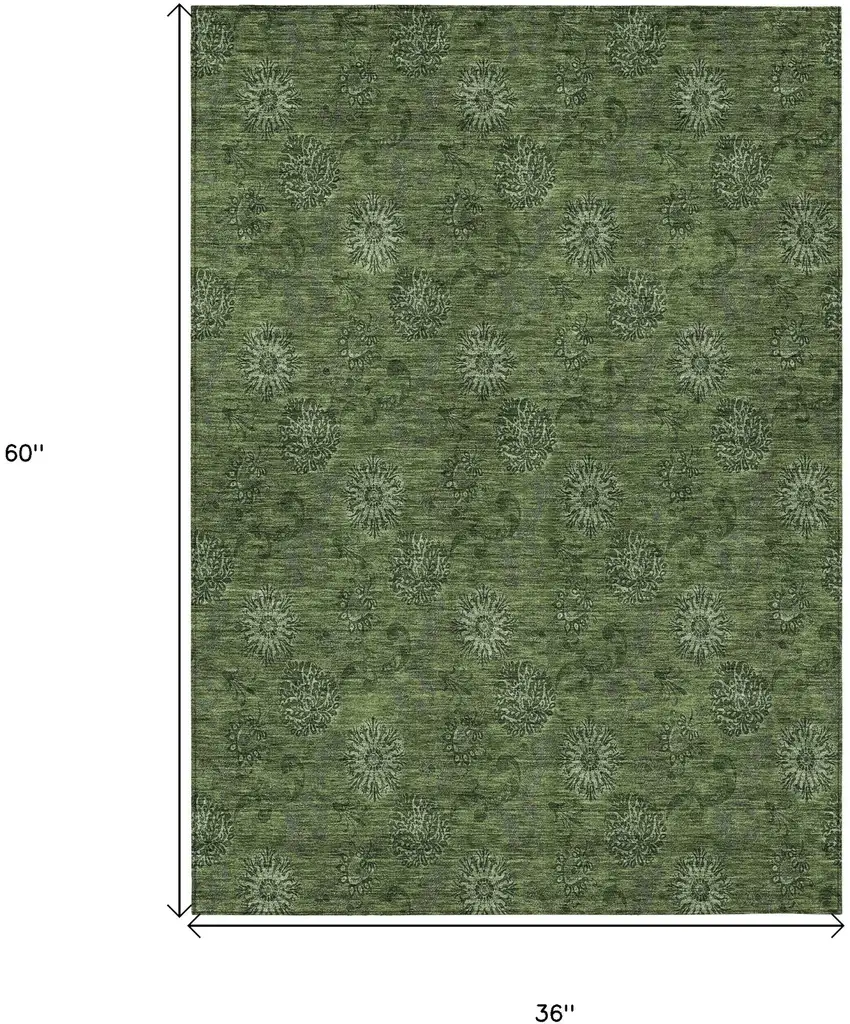 Olive Green And Green Floral Washable Indoor Outdoor Area Rug Photo 6