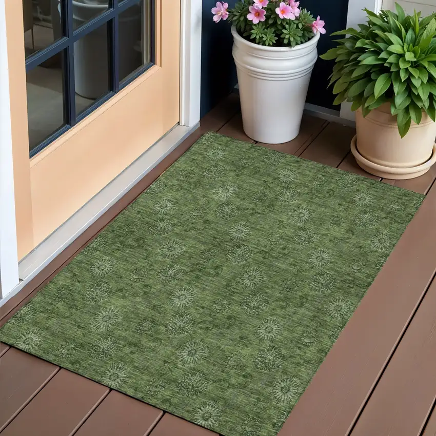 Olive Green And Green Floral Washable Indoor Outdoor Area Rug Photo 1