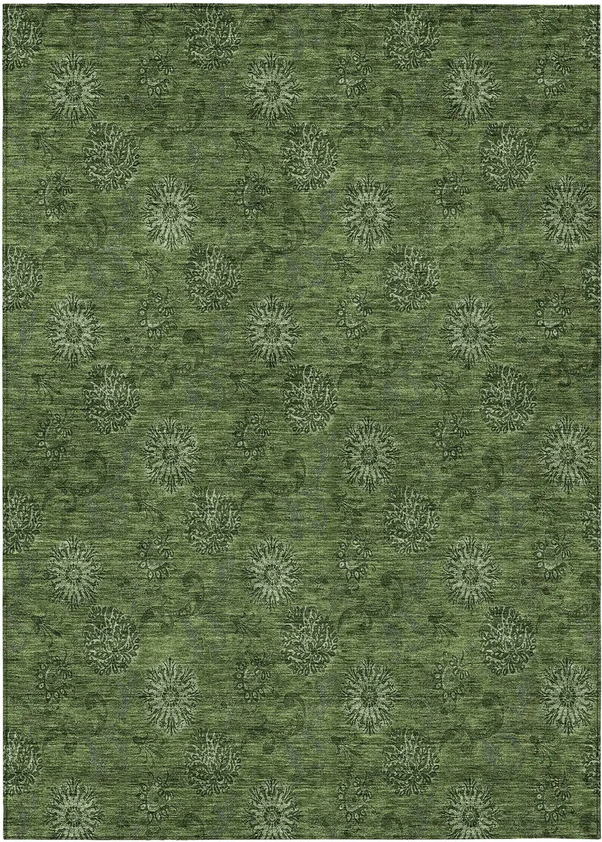 Olive Green And Green Floral Washable Indoor Outdoor Area Rug Photo 2