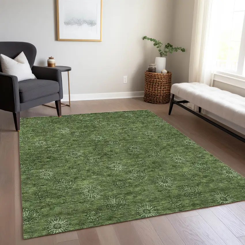 Olive Green And Green Floral Washable Indoor Outdoor Area Rug Photo 8