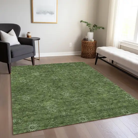 Olive Green And Green Floral Washable Indoor Outdoor Area Rug Photo 8