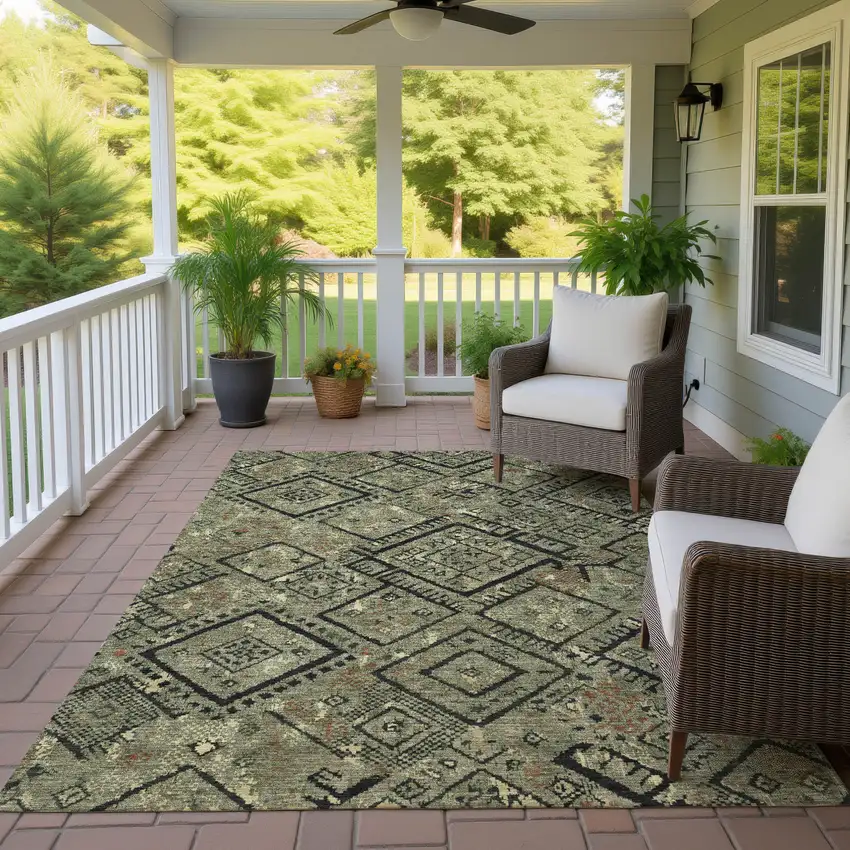 Olive Green And Green Geometric Washable Indoor Outdoor Area Rug Photo 4