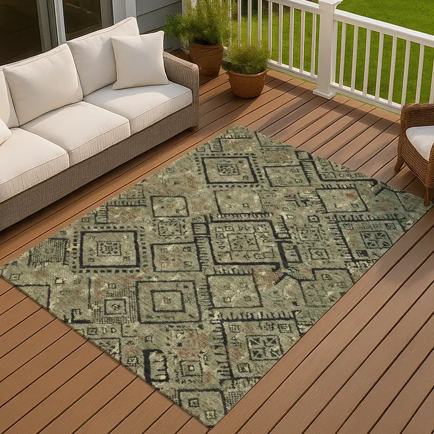 Olive Green And Green Geometric Washable Indoor Outdoor Area Rug Photo 7