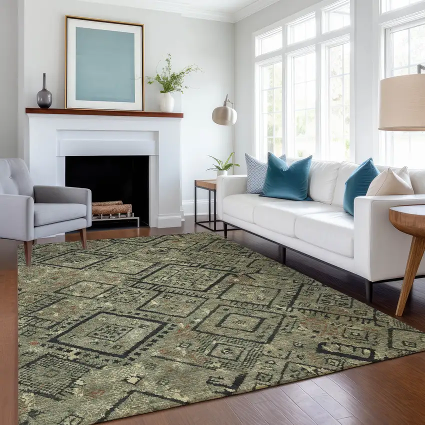 Olive Green And Green Geometric Washable Indoor Outdoor Area Rug Photo 6