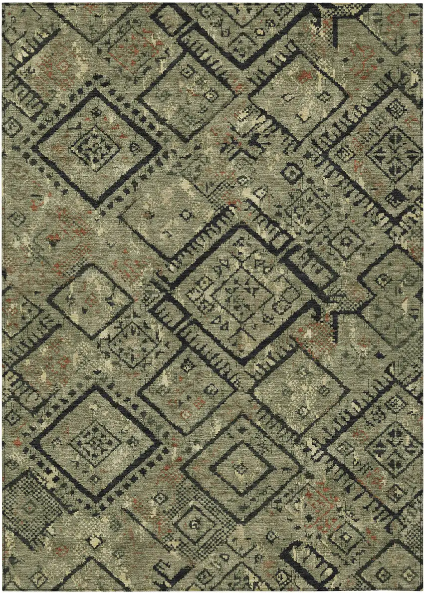 Olive Green And Green Geometric Washable Indoor Outdoor Area Rug Photo 1