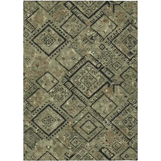 Olive Green And Green Geometric Washable Indoor Outdoor Area Rug Photo 1