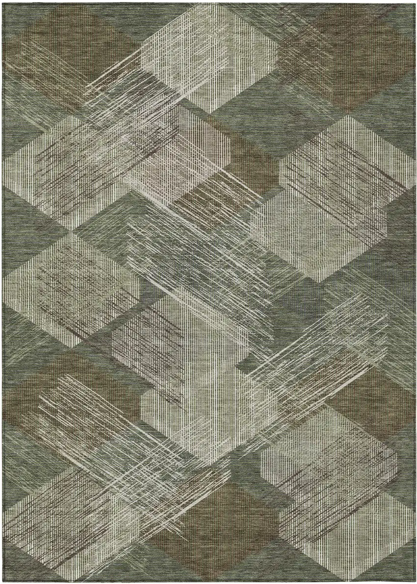 Olive Green And Green Geometric Washable Indoor Outdoor Area Rug Photo 1