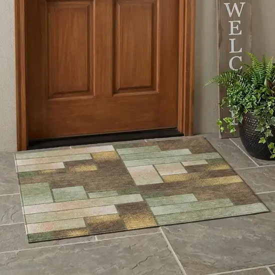 Olive Green And Green Geometric Washable Indoor Outdoor Area Rug Photo 1