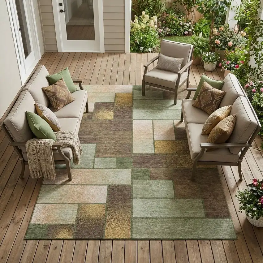 Olive Green And Green Geometric Washable Indoor Outdoor Area Rug Photo 1