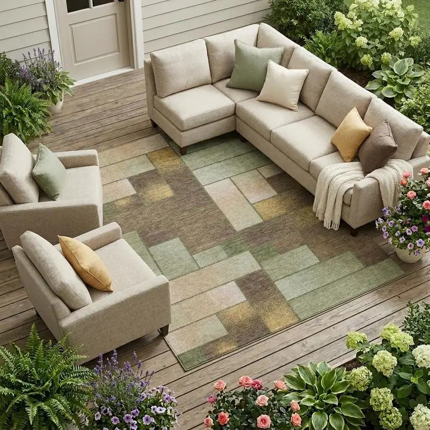 Olive Green And Green Geometric Washable Indoor Outdoor Area Rug Photo 1