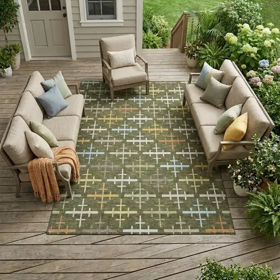 Olive Green And Green Geometric Washable Indoor Outdoor Area Rug Photo 1