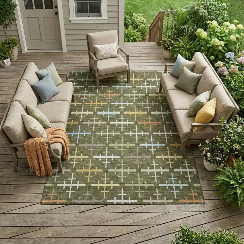 Olive Green And Green Geometric Washable Indoor Outdoor Area Rug Photo 1