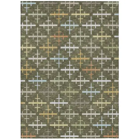Olive Green And Green Geometric Washable Indoor Outdoor Area Rug Photo 2