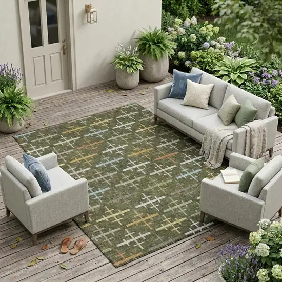 Olive Green And Green Geometric Washable Indoor Outdoor Area Rug Photo 1
