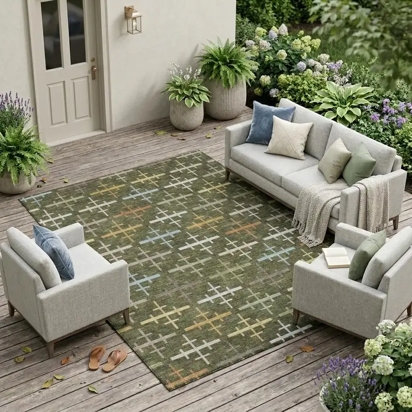 Olive Green And Green Geometric Washable Indoor Outdoor Area Rug Photo 1