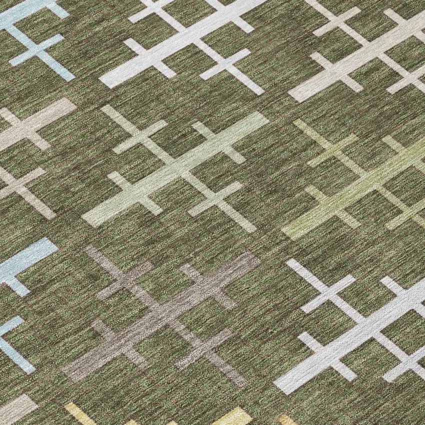Olive Green And Green Geometric Washable Indoor Outdoor Area Rug Photo 4