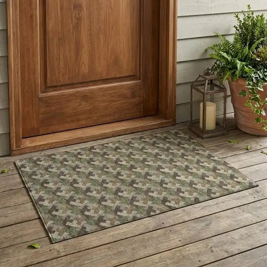 Olive Green And Green Geometric Washable Indoor Outdoor Area Rug Photo 1