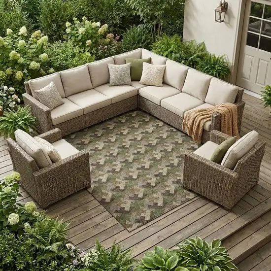 Olive Green And Green Geometric Washable Indoor Outdoor Area Rug Photo 1