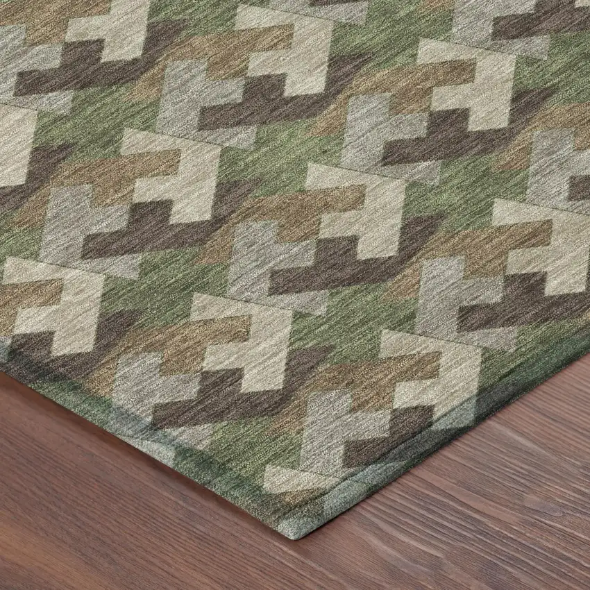 Olive Green And Green Geometric Washable Indoor Outdoor Area Rug Photo 3