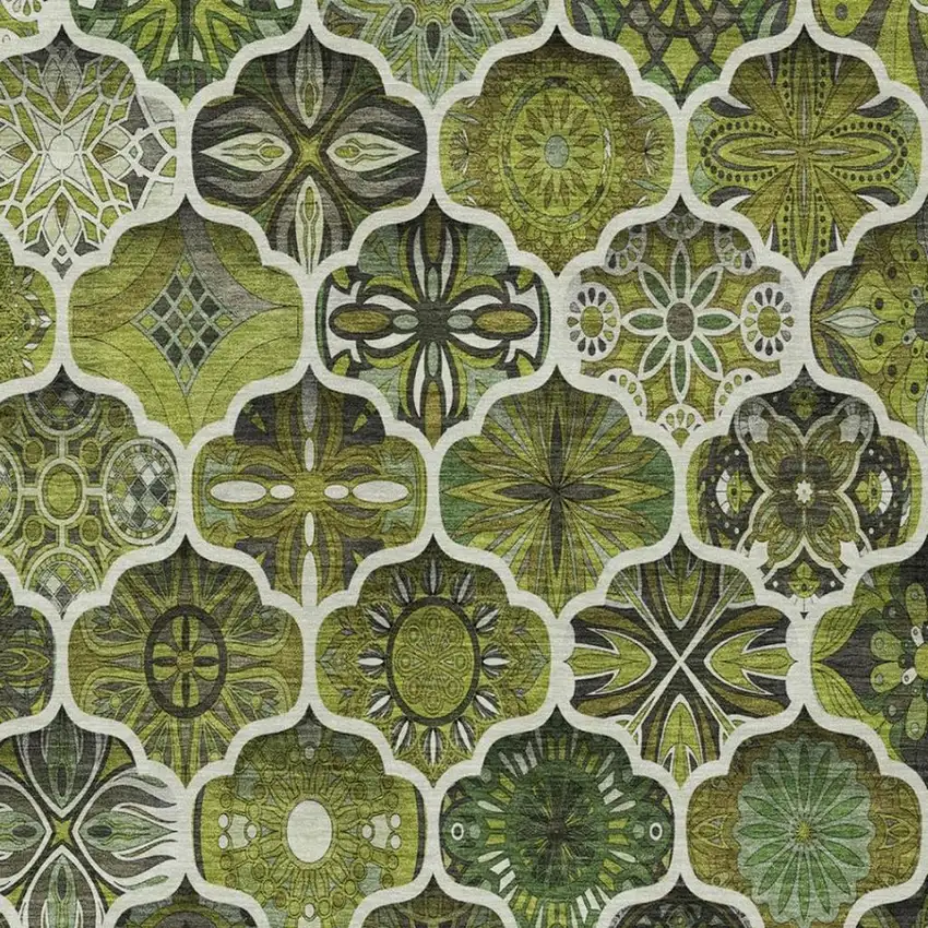 Olive Green And Green Ogee Washable Indoor Outdoor Area Rug Photo 6