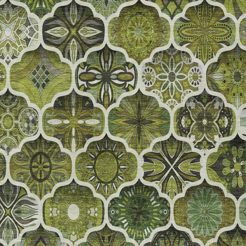 Olive Green And Green Ogee Washable Indoor Outdoor Area Rug Photo 8