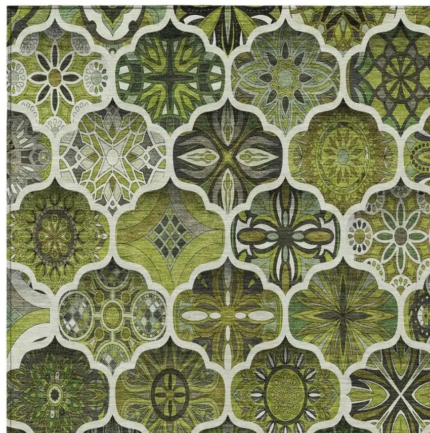 Olive Green And Green Ogee Washable Indoor Outdoor Area Rug Photo 7