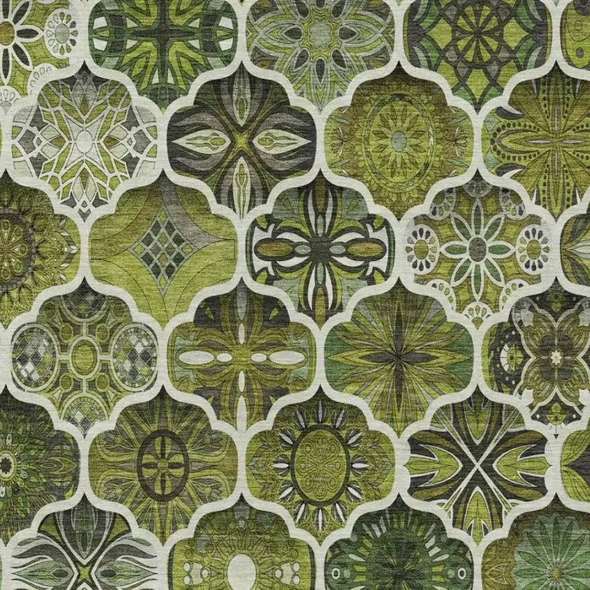 Olive Green And Green Ogee Washable Indoor Outdoor Area Rug Photo 6