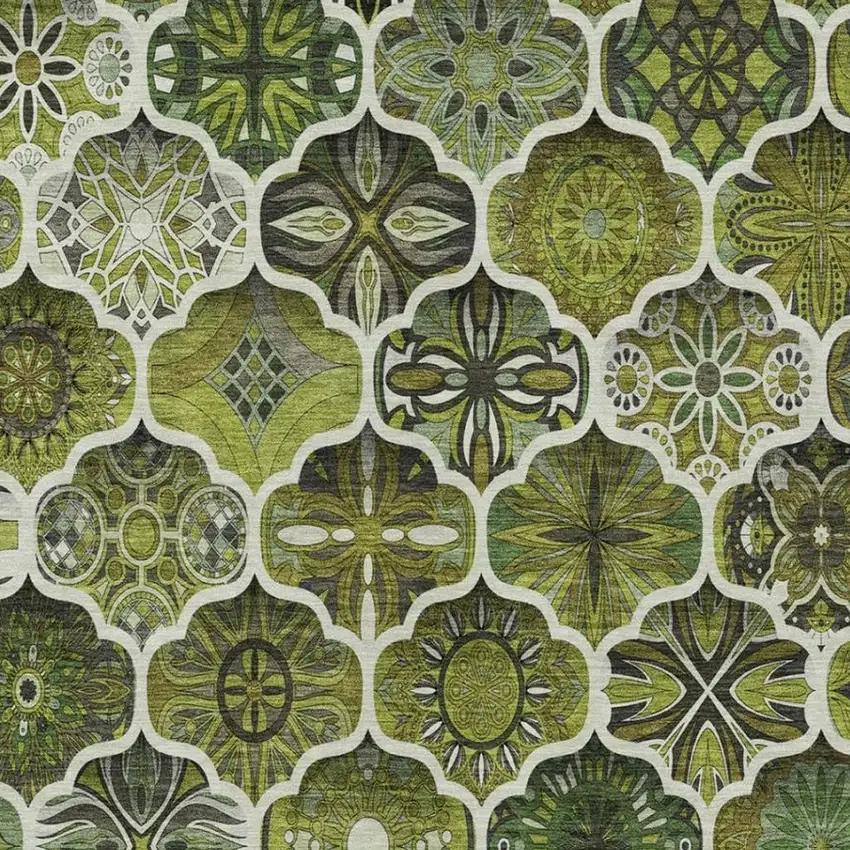 Olive Green And Green Ogee Washable Indoor Outdoor Area Rug Photo 2