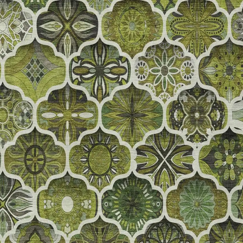 Olive Green And Green Ogee Washable Indoor Outdoor Area Rug Photo 5