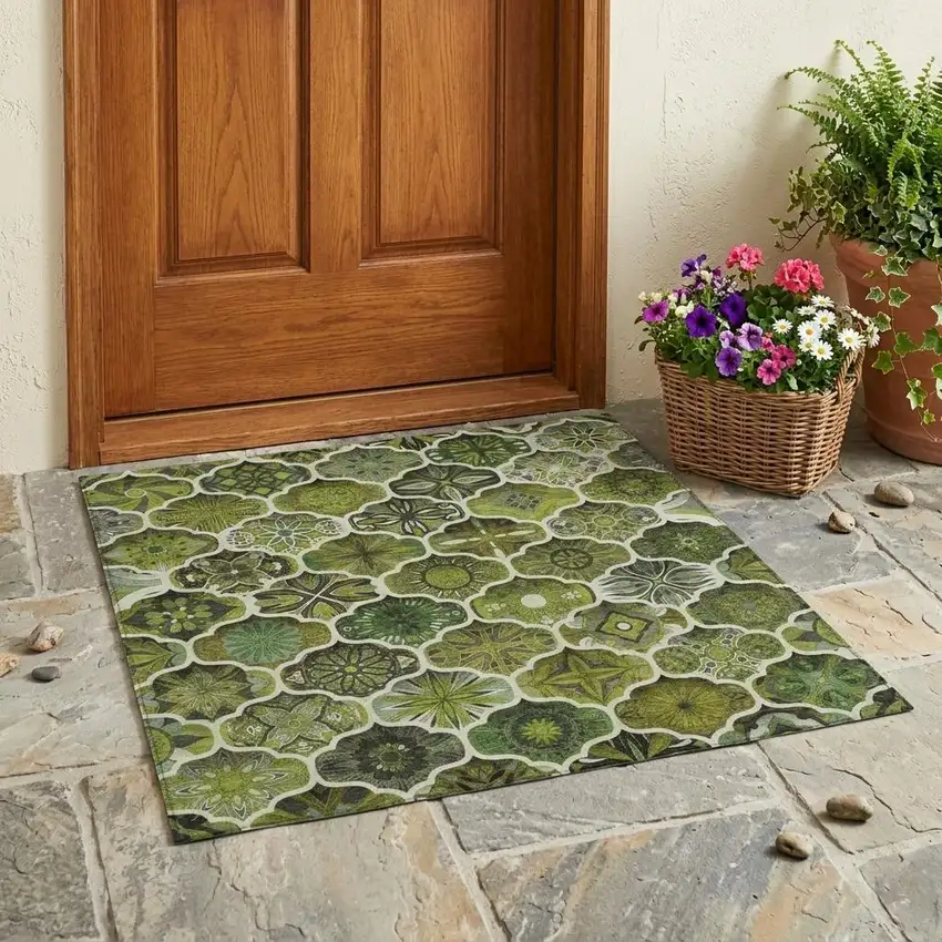 Olive Green And Green Ogee Washable Indoor Outdoor Area Rug Photo 1