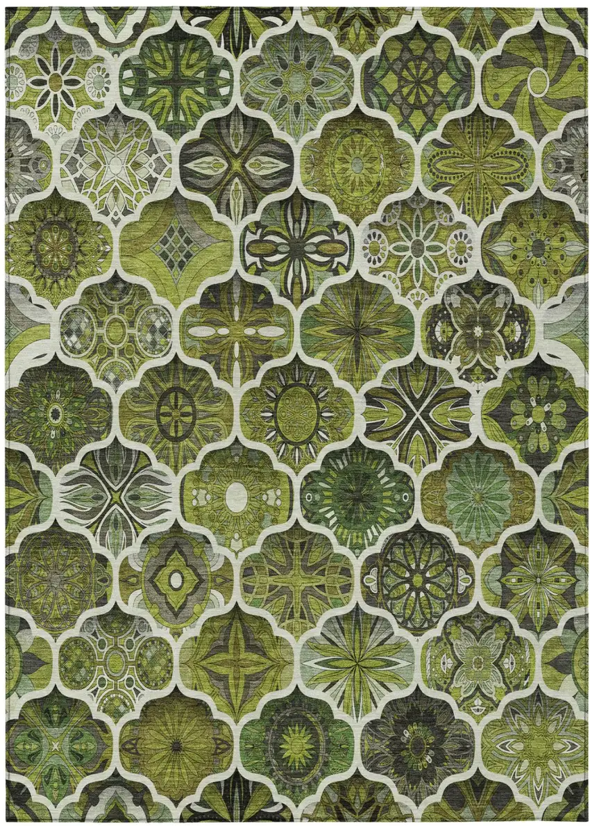 Olive Green And Green Ogee Washable Indoor Outdoor Area Rug Photo 3