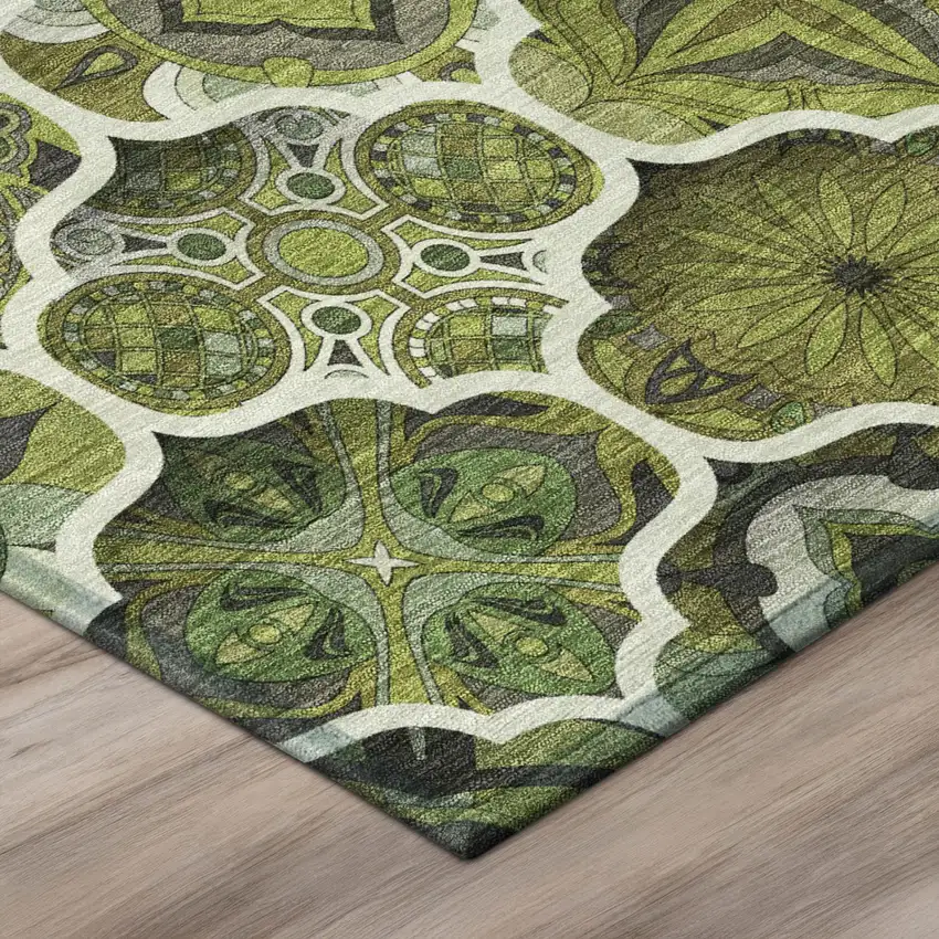 Olive Green And Green Ogee Washable Indoor Outdoor Area Rug Photo 8
