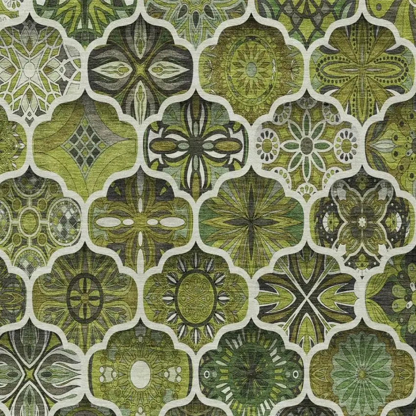 Olive Green And Green Ogee Washable Indoor Outdoor Area Rug Photo 4