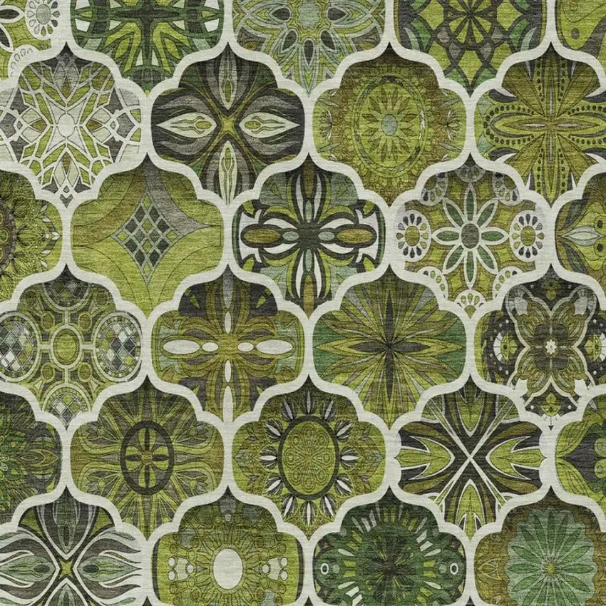 Olive Green And Green Ogee Washable Indoor Outdoor Area Rug Photo 9