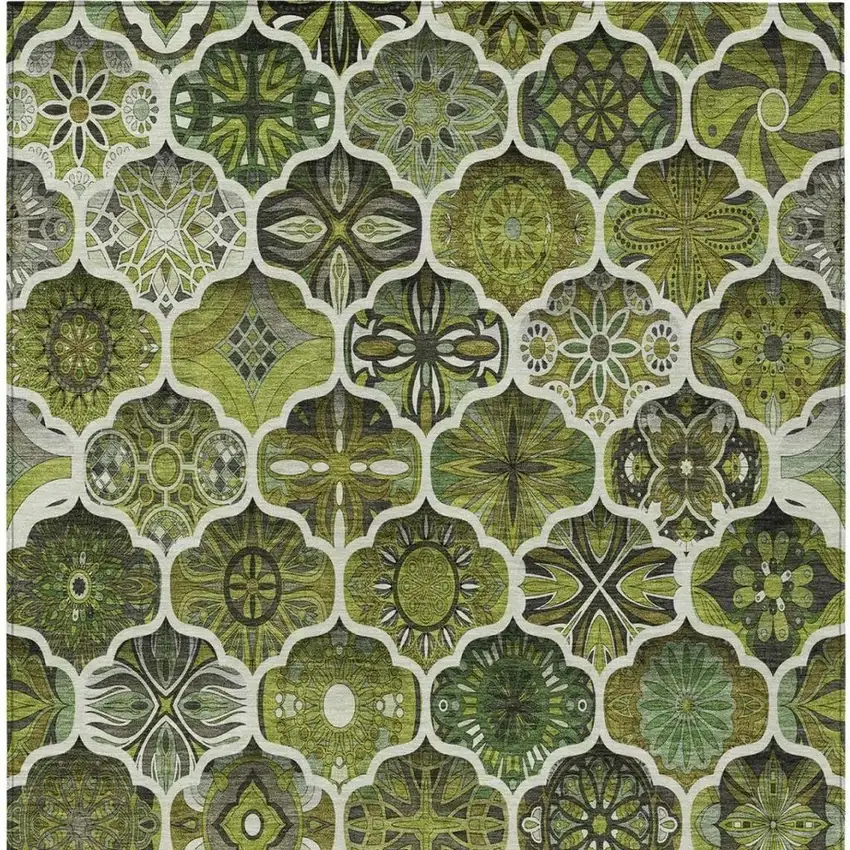 Olive Green And Green Ogee Washable Indoor Outdoor Area Rug Photo 8