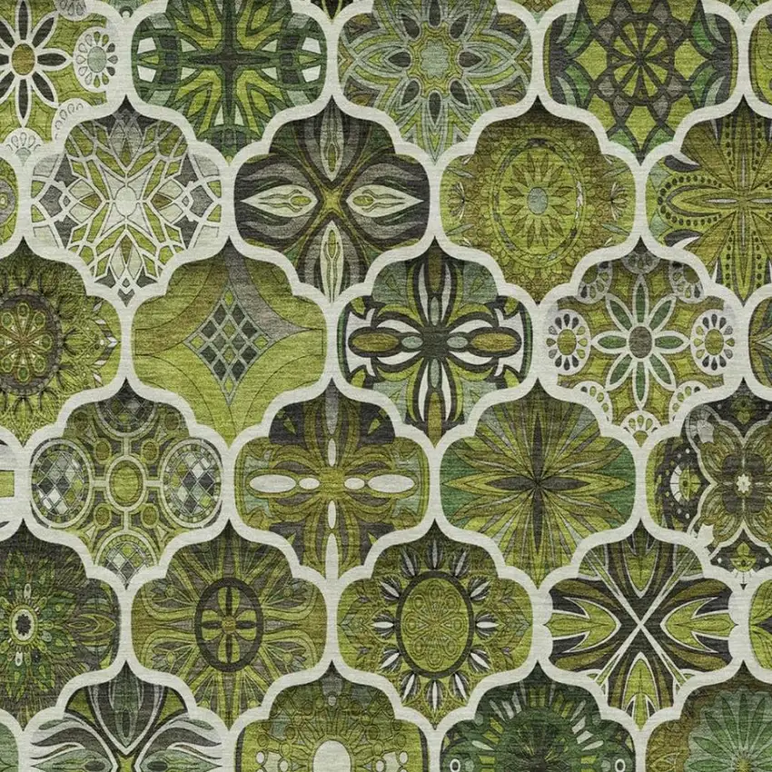Olive Green And Green Ogee Washable Indoor Outdoor Area Rug Photo 5