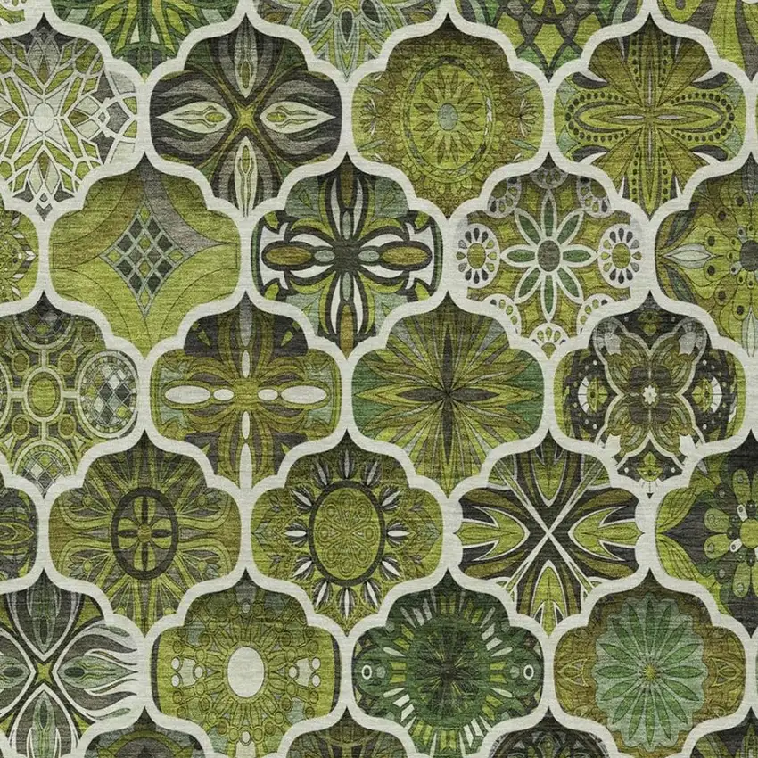 Olive Green And Green Ogee Washable Indoor Outdoor Area Rug Photo 1