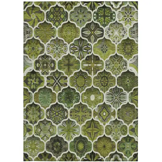 Olive Green And Green Ogee Washable Indoor Outdoor Area Rug Photo 2