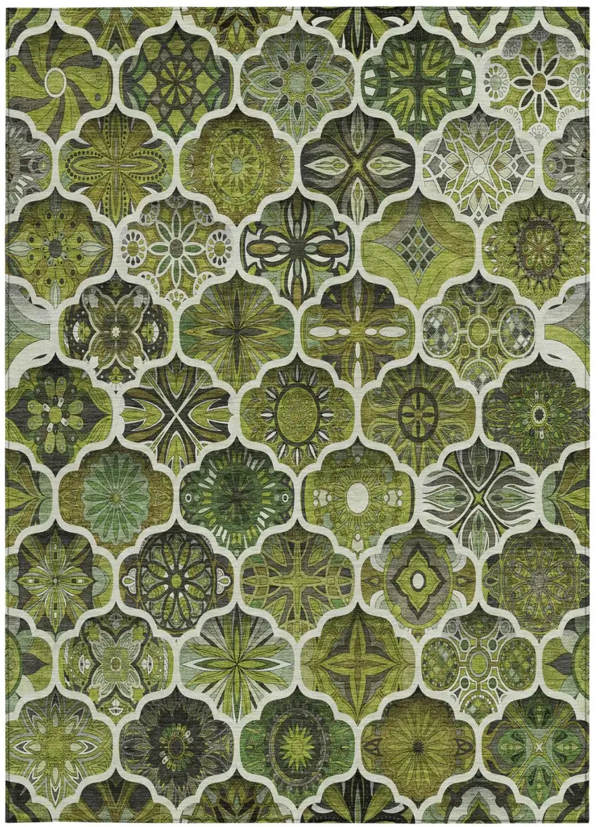 Olive Green And Green Ogee Washable Indoor Outdoor Area Rug Photo 2