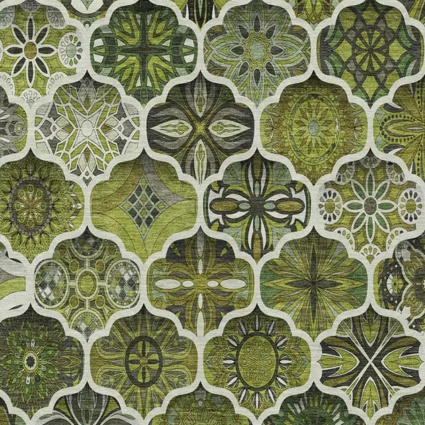 Olive Green And Green Ogee Washable Indoor Outdoor Area Rug Photo 1