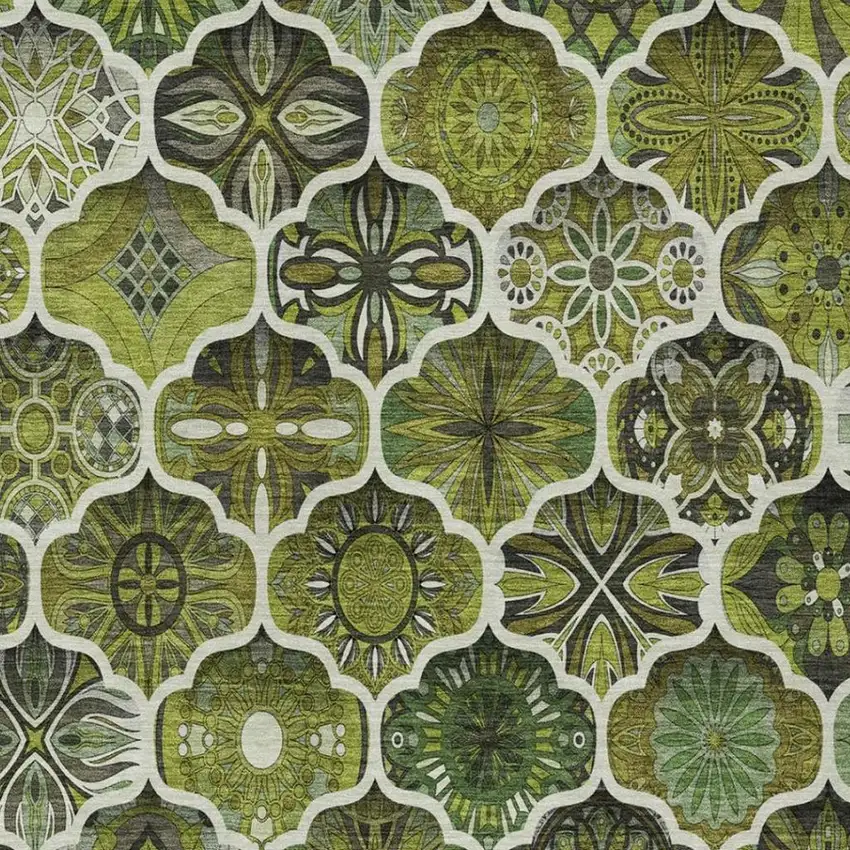 Olive Green And Green Ogee Washable Indoor Outdoor Area Rug Photo 6