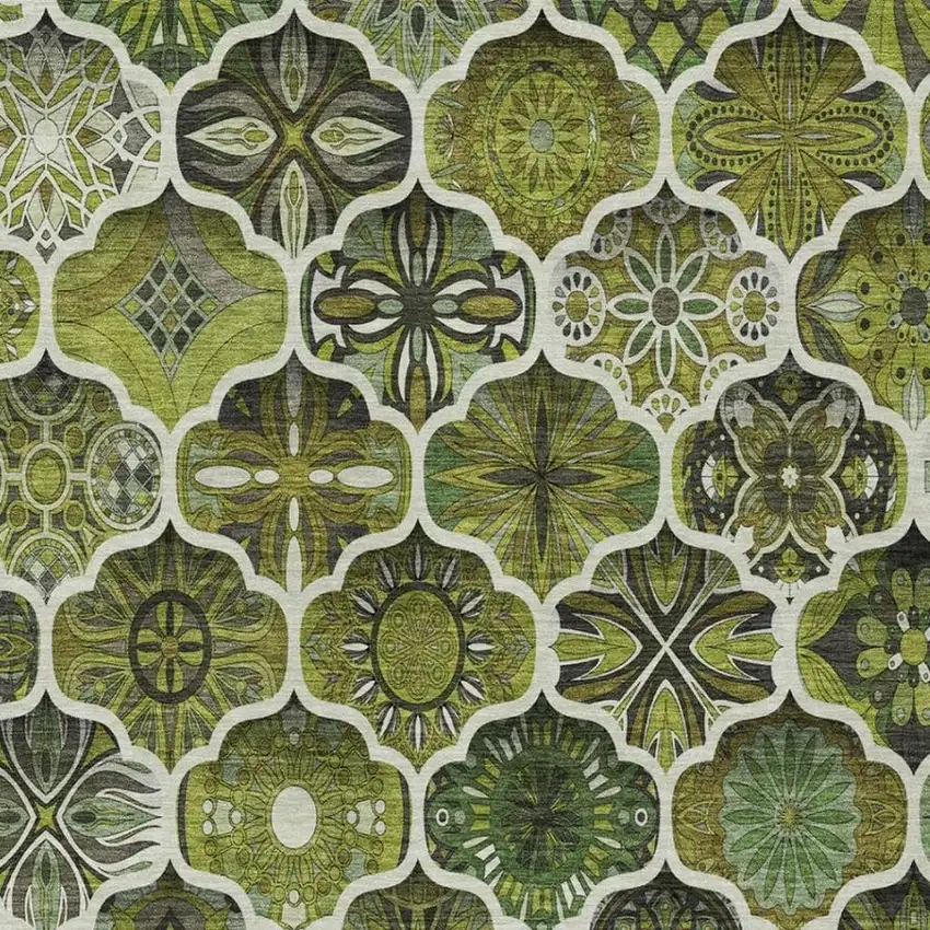 Olive Green And Green Ogee Washable Indoor Outdoor Area Rug Photo 8