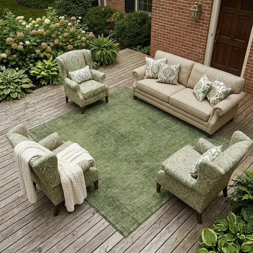 Olive Green And Green Oriental Washable Indoor Outdoor Area Rug Photo 1