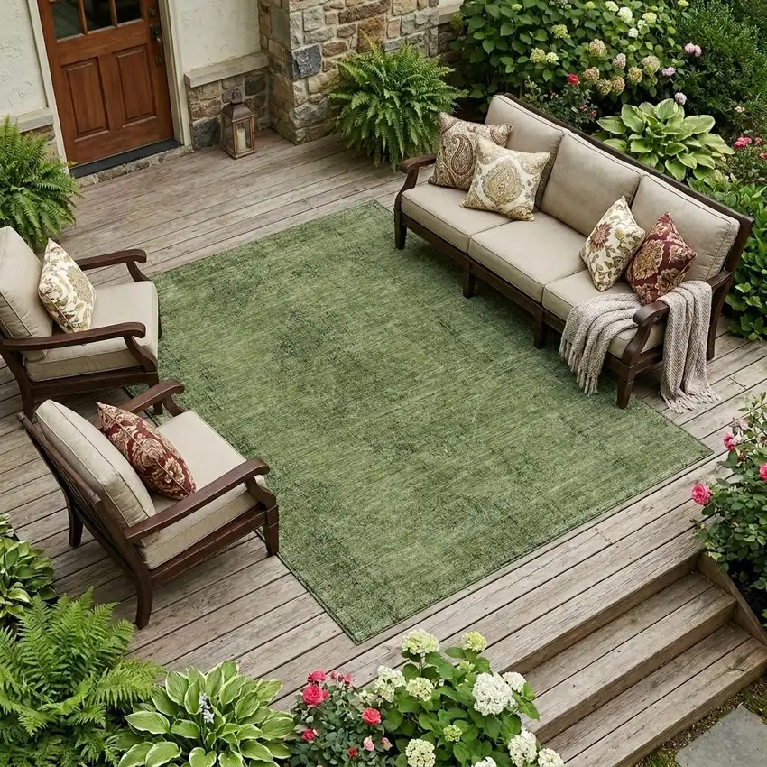 Olive Green And Green Oriental Washable Indoor Outdoor Area Rug Photo 1