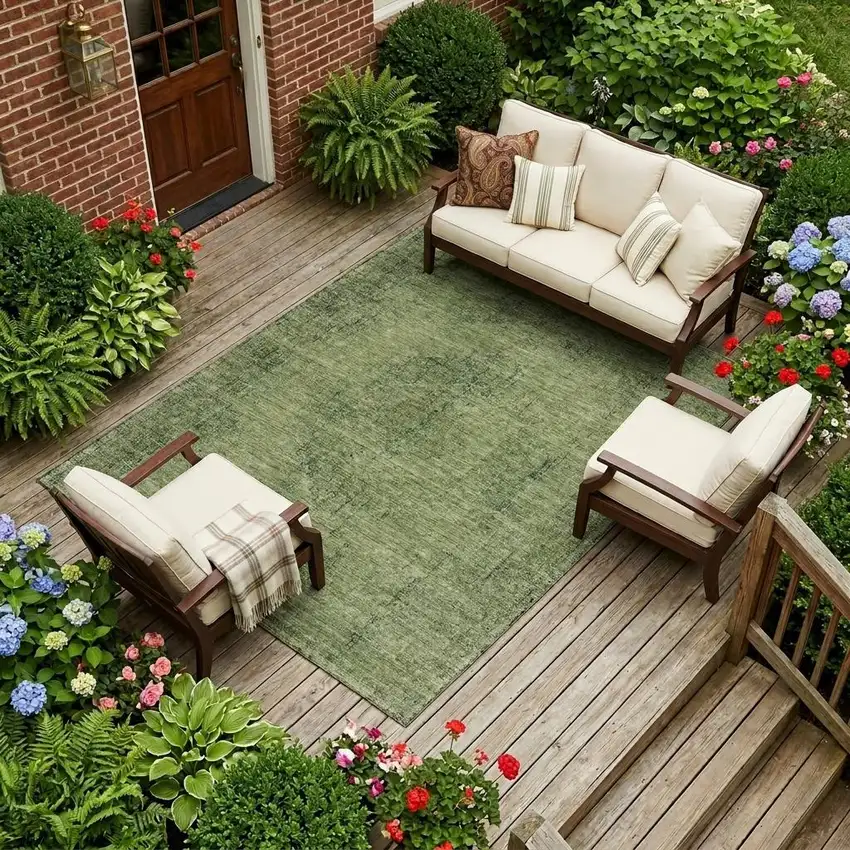 Olive Green And Green Oriental Washable Indoor Outdoor Area Rug Photo 1